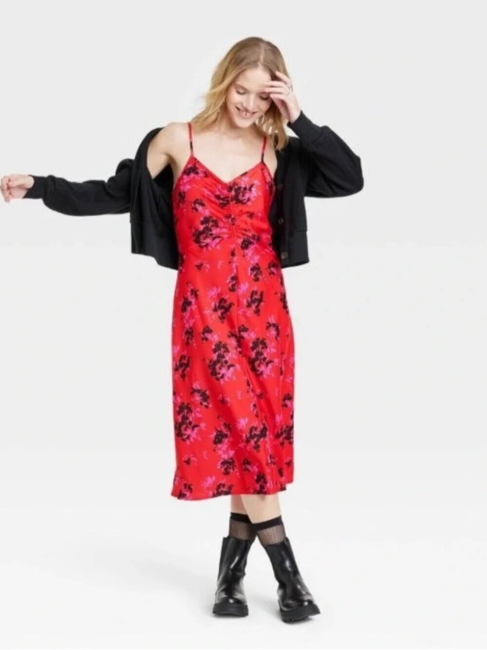 A New Day Red Floral Satin Slip Midi Dress | Size M | Grunge Y2K 90s Aesthetic